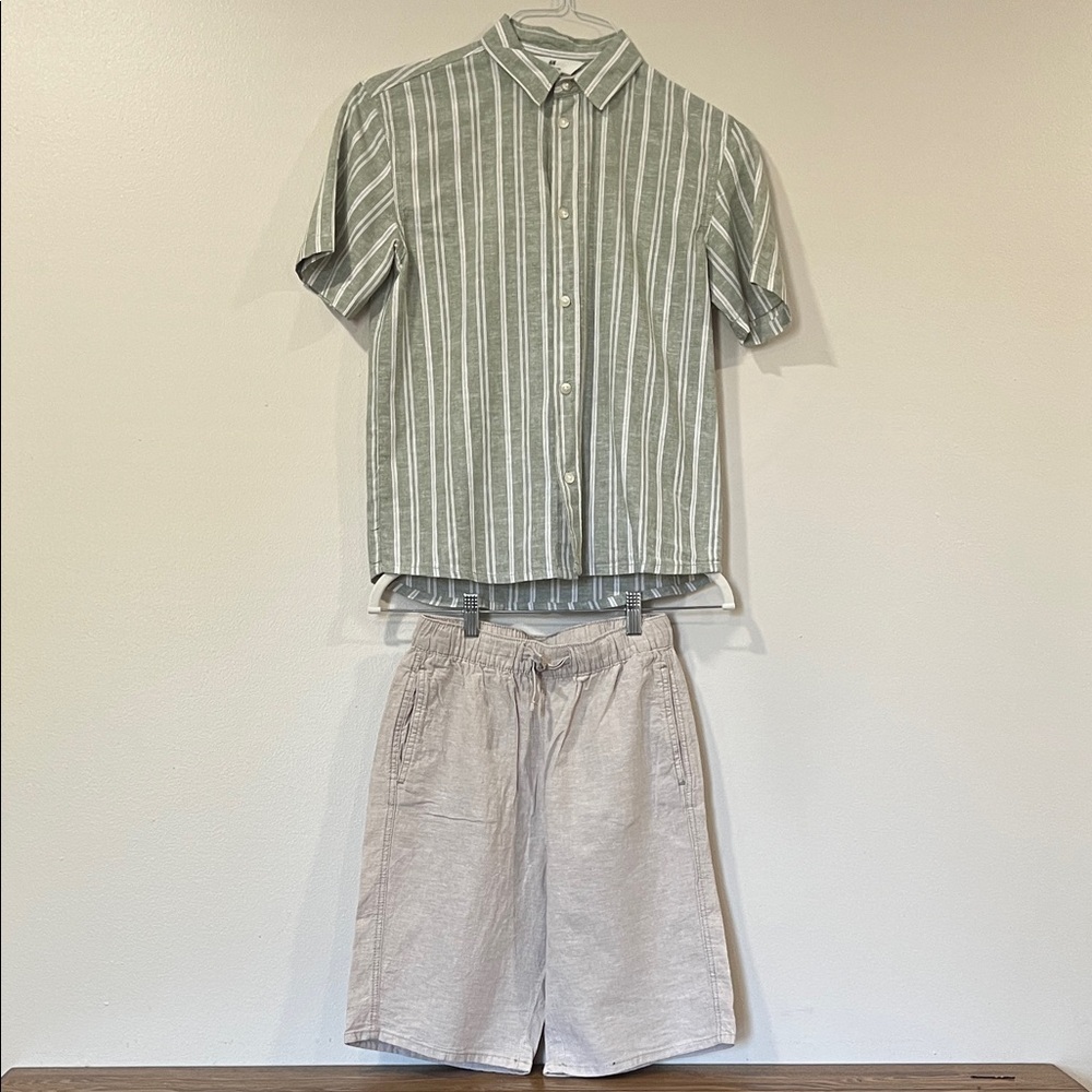 🔗 H&M Boys Green and Beige Linen Outfit. Size 10